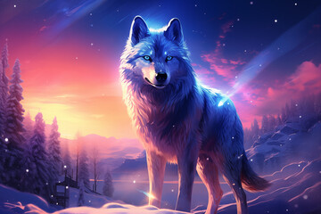 Majestic Wolf in Snowy Landscape at Dusk