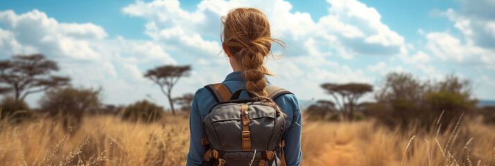 Back view of solo woman traveler on safari in Africa. Exploring African nature, watching animals in...