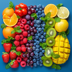 Colorful assortment of fruits on blue background, top view
