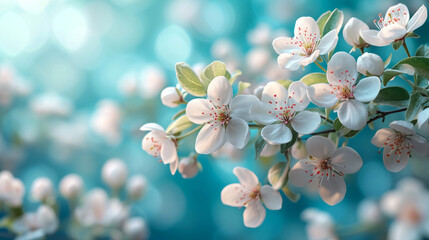 Branch with blooming white flowers of a fruit tree in spring with copy space