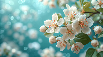 Branch with blooming white flowers of a fruit tree in spring with copy space