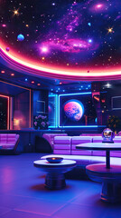 Cosmic Lounge: A Lounge-style Interior with Cosmic Themes and Futuristic Lighting, Evoking Space Exploration