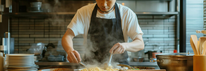 Asian male chef making ramen in the kitchen. - obrazy, fototapety, plakaty