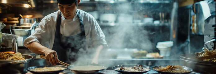 Asian male chef making ramen in the kitchen.