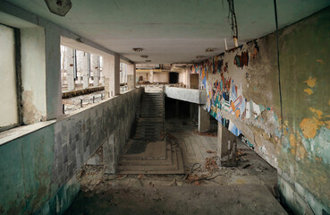 The interior of some abandoned buildings destroyed by time, in the exclusion zone of the city of...