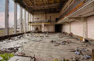 The interior of some abandoned buildings destroyed by time, in the exclusion zone of the city of...