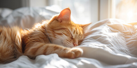Family cat sleeping on white sheets in sunlit bright room. Sun shining through a window. Pet...