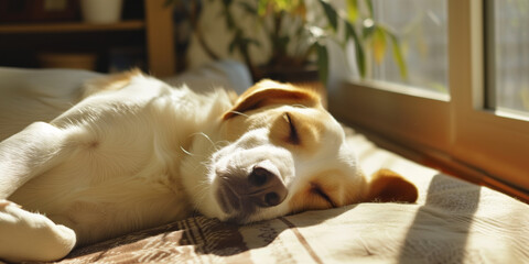 Family dog sleeping on a floor in sunlit bright room. Sun shining through a window. Dog resting indoors.
