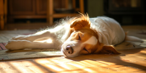 Family dog sleeping on a floor in sunlit bright room. Sun shining through a window. Dog resting indoors.