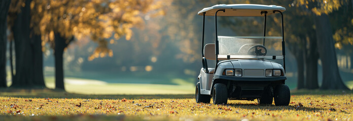 Golf cart parked on the golf course. - obrazy, fototapety, plakaty