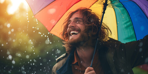 Handsome long-haired man laughing under rainbow umbrella under heavy rain on sunny summer day.
