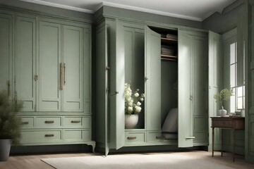 Farmhouse Chic Master Bedroom Wardrobe, Vray Style, Neoclassical Simplicity, Contrasting Light and Shadow, Helene Knoop, Wood, Sage Green, Classic Modern