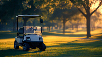 Golf cart parked on the golf course.