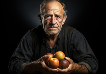 Portrait of elderly farmer man in his rustic kitchen with an apple. Food and healthy living.