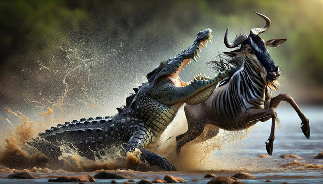 A dramatic encounter as a crocodile attacks a wildebeest mid-leap, water spraying, in a high-stakes moment of wildlife survival.Animal behavior concept. AI generated.