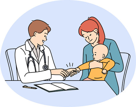 doctor examining baby hand, mother present clip art preview