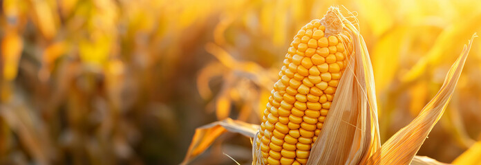 Fototapeta premium Peeled corn lies on the corn field background.
