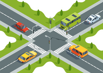 City crossroad isometric view with road markings, traffic lights pedestrian zebra crossing and cars. Urban traffic map with transport,  graphic design elements