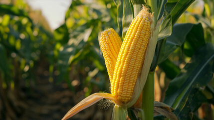 Peeled corn lies on the corn field background. - obrazy, fototapety, plakaty
