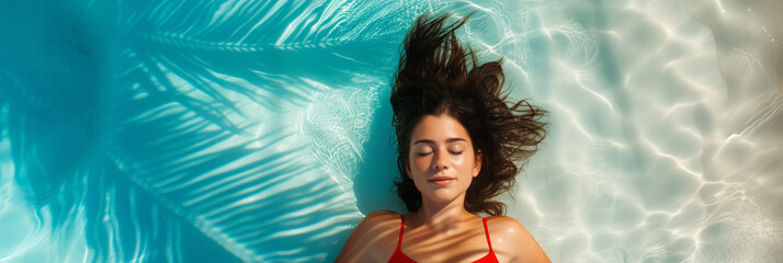 Beautiful young woman wearing red bikini laying in shallow water on tropical beach. Palm tree...