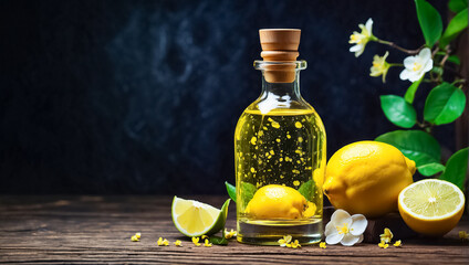 Cosmetic oil in a bottle, fresh lemon moisturizer