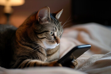 Smart modern cat using it's phone to play games and watch videos on social media. Pet animal addicted to modern technology.
