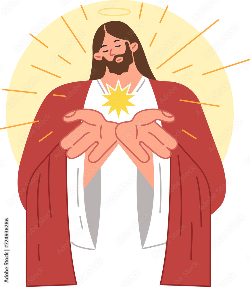 Wall mural Jesus from christian religion demonstrates light emanating from palms by bowing head with halo. Catholic or orthodox mission jesus manifests miracle described in bible for believers,