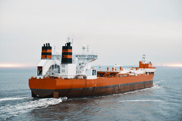 Fototapeta premium Shuttle Tanker Designed For Offshore Operations Underway In Ballast Condition. Oil Refinery Products Transportation And Shipping. Bow Loading System
