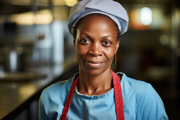 AI generated image of school cook preparing meal for children