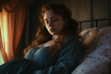 Fototapeta premium Ai generated picture of pregnant charming woman sleeping in comfort bad at home