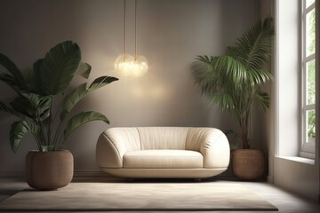 A little round sofa and a potted palm plant are in an empty room