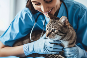 Female vet examining a cat at vet clinic. Pet at veterinarian doctor. Animal clinic. Pet check up and vaccination. Health care. - obrazy, fototapety, plakaty