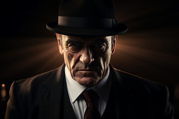Generative AI portrait image of a confident senior man professional boss isolated on dark background
