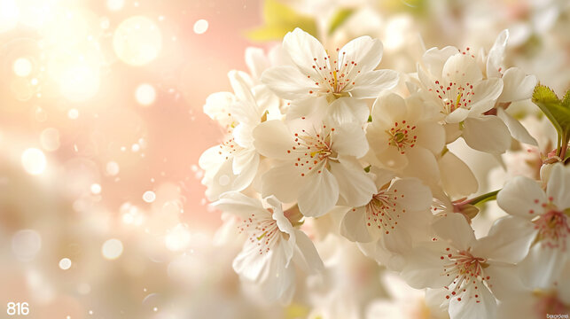 Branches of a blossoming apricot tree with soft focus in the sunlight, a beautiful spring floral image.