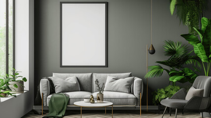 Frame mockup, Living room wall poster mockup. Interior mockup with house background. Modern interior design. 3D render