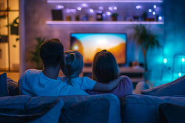Back view of family with kid sitting in front of tv. Child and parents watching television in dark living room. Films and movies for family. Appropriate content for kids.