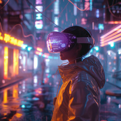 Obraz premium AI generated woman wearing vr glasses in a metaverse world