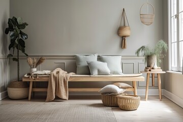 Elegant personal accessories, a wooden bench, pillows, plaid, a basket, and a rattan vase are included in this stylish scandinavian interior design for the living room. a minimalistic idea. modern int