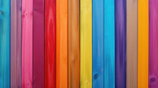 Multicolored vertical boards with a rainbow of colors form a vibrant modern fence with wooden texture background