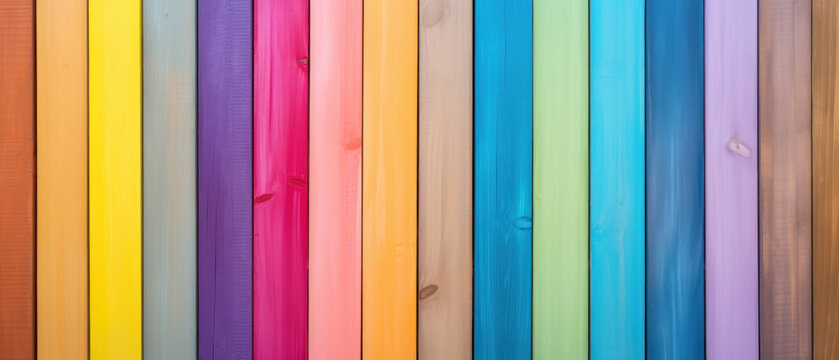 Multicolored colorful vertical boards with a rainbow of colors form a vibrant modern fence with wooden texture background banner