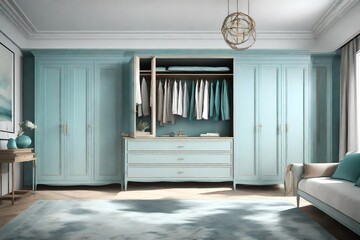 Contemporary Coastal Master Bedroom Wardrobe, Vray Style, Neoclassical Simplicity, Contrasting Light and Shadow, Helene Knoop, Wood, Aqua Blue, Classic Modern