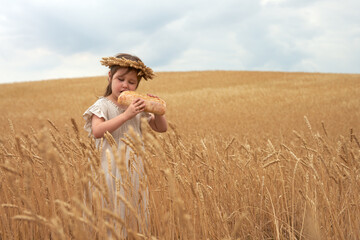 Naklejka na ściany i meble A little girl stands among the wheat ears with bread in her hands. She takes a bite from the bread product. Copy space.