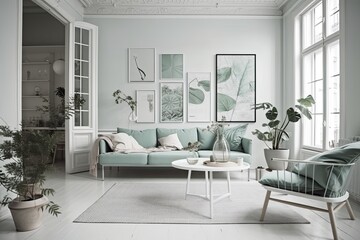 Elegant personal accessories, design mint sofa, furnishings, mock up poster map, and living plants can be found in this stylish Scandinavian living room. modern interior design. a large room with an e