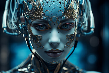 Robot with integrated artificial intelligence on futuristic background created with generative AI