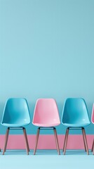 Pastel Blue Chairs in a Line, Pastel Pink Chair on a Soft Background - Depicting the Business Concept of Selecting the Best Job Candidate