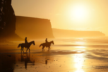 Fototapeta na wymiar Group of people riding horses in beautiful Irish landscape on dramatic sunset. Tourists admiring scenic view while on horseback riding tour on a beach on the west coast of Ireland.