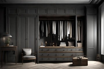 Rustic Elegance Master Bedroom Wardrobe, Vray Style, Neoclassical Simplicity, Contrasting Light and Shadow, Helene Knoop, Wood, Dark Gray, Classic Modern