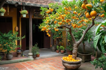 Obraz premium Traditional Vietnamese courtyard house. Tet Holiday, Vietnamese New Year. Kumquat tree. Symbol of wealth in Asia. Lunar New Year. Life of the Vietnamese.