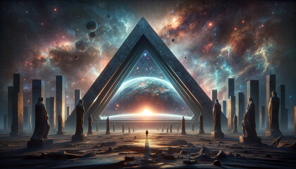 A majestic triangular portal stands on an alien world, framing a glowing planet, under a star-filled galaxy, evoking science fiction and exploration.Sci-fi concept.AI generated. - obrazy, fototapety, plakaty
