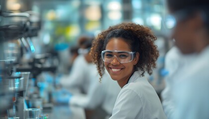 Wissenschaftlerin im Labor mit Schutzbrille, weißem Kittel und Kollegen (KI-/AI-generiert)